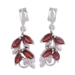 Garnet dangle earrings, 'Scarlet Charm' - Leaf Motif Garnet Dangle Earrings from India