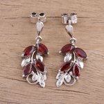 Garnet dangle earrings, 'Scarlet Charm' - Leaf Motif Garnet Dangle Earrings from India