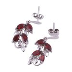 Garnet dangle earrings, 'Scarlet Charm' - Leaf Motif Garnet Dangle Earrings from India