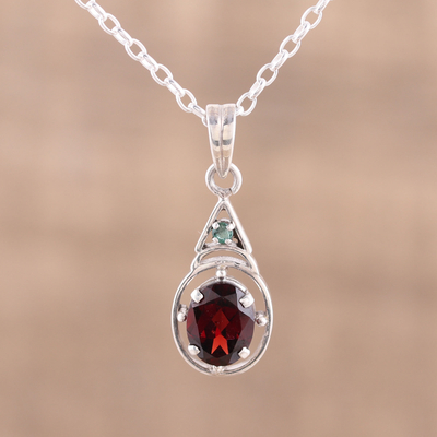 Garnet pendant necklace, 'Scarlet Joy' - Garnet and Emerald Pendant Necklace from India