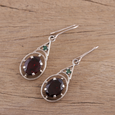 Garnet dangle earrings, 'Scarlet Joy' - Garnet and Emerald Dangle Earrings from India