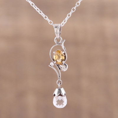 Crystal and citrine pendant necklace, 'Golden Sunshine' - Leaf Motif Crystal and Citrine Pendant Necklace from India