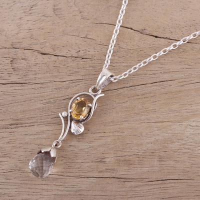 Crystal and citrine pendant necklace, 'Golden Sunshine' - Leaf Motif Crystal and Citrine Pendant Necklace from India