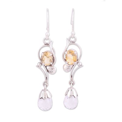 Crystal and citrine dangle earrings, 'Golden Sunshine' - Leaf Motif Crystal and Citrine Dangle Earrings from India