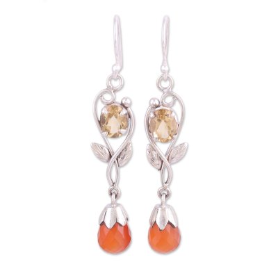Carnelian and citrine dangle earrings, 'Glistening Sun' - Leaf Motif Carnelian and Citrine Dangle Earrings form India