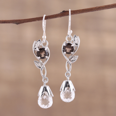 Pendientes colgantes de cristal y cuarzo ahumado - Pendientes con motivo de hojas de cristal y cuarzo ahumado de la India