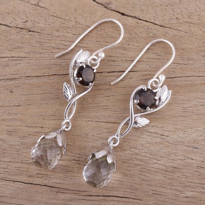 Crystal and smoky quartz dangle earrings, 'Regal Dawn' - Leaf Motif Crystal and Smoky Quartz Earrings from India