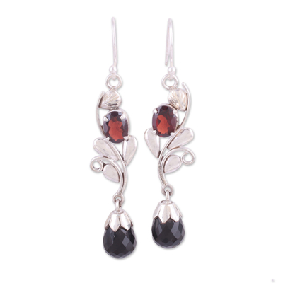 Onyx and garnet dangle earrings, 'Passionate Sparkle' - Leaf Motif Onyx and Garnet Dangle Earrings form India