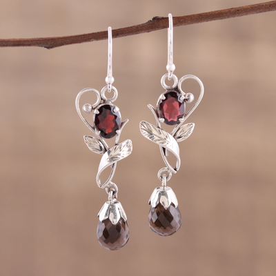 Smoky quartz and garnet dangle earrings, 'Dusk Romance' - Leaf Motif Smoky Quartz and Garnet Earrings from India