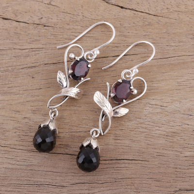 Smoky quartz and garnet dangle earrings, 'Dusk Romance' - Leaf Motif Smoky Quartz and Garnet Earrings from India