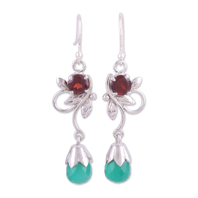 Onyx and garnet dangle earrings, 'Lost in Romance' - Leaf Motif Green Onyx and Garnet Earrings from India