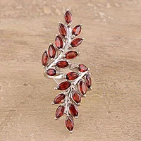 Garnet wrap ring, 'Scarlet Leaves' - Faceted Garnet Scarlet Leaves Sterling Silver Wrap Ring