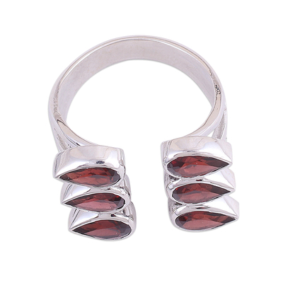 Garnet wrap ring, 'Scarlet Senary' - Handcrafted Garnet and Sterling Silver Wrap Ring from India