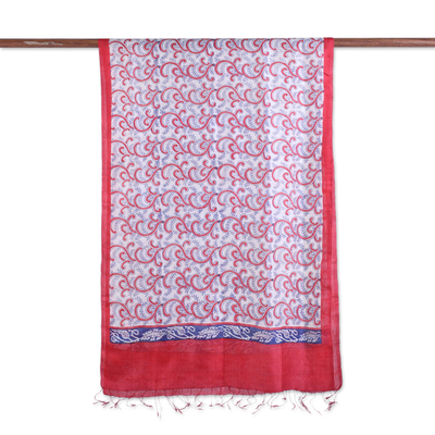 Silk shawl, 'Wild Ivy' - Blue and Red Print Shawl in Pure Bengal Silk