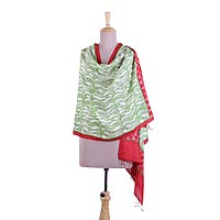 Silk shawl, 'Green Ripples' - Green And Red Block Printed All Silk Shawl