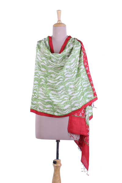 Seidenschal - Schal aus reiner Seide mit grünem und rotem Blockdruck