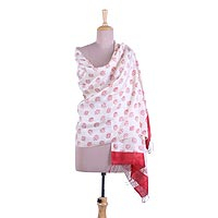 Silk shawl, 'Subtle Rose' - Red and Alabaster Rose Motif Block Printed Silk Shawl