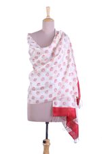 Silk shawl, 'Subtle Rose' - Red and Alabaster Rose Motif Block Printed Silk Shawl