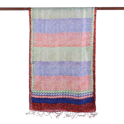 Silk shawl, 'Chasing Rainbows' - Hand Block Printed Silk Shawl in Orange Green and Blue