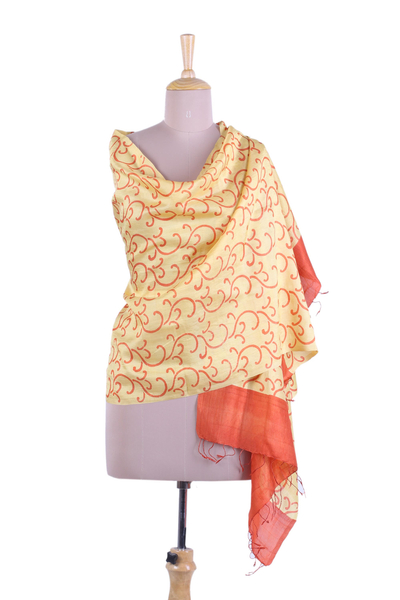 Silk shawl, 'Mimosa' - Orange and Yellow Block Printed Shawl in 100% Silk