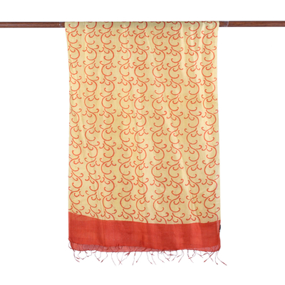 Mantón de seda, 'Mimosa' - Mantón estampado en bloques naranja y amarillo en 100% seda