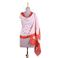 Silk shawl, 'Subtle Leaf' - Leaf Print Shawl from India in Hand Woven Silk