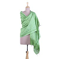 Silk shawl, 'Green Diamonds' - Printed Spring Green Silk Shawl Handmade in India