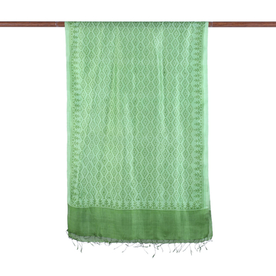 Mantón de seda - Mantón de Seda Verde Primavera Estampado Hecho a Mano en India