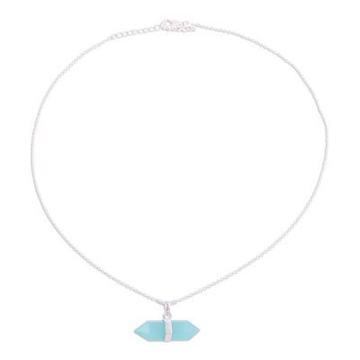 Chalcedony pendant necklace, 'Crystal Energy' - Blue Chalcedony Crystal and Silver Pendant Necklace