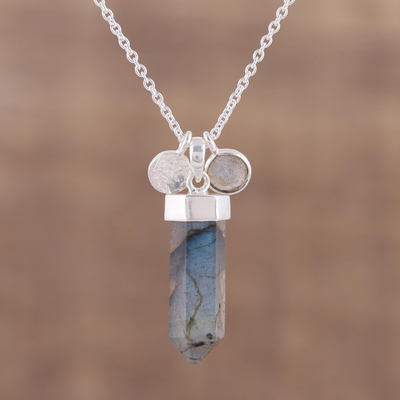 Labradorite pendant necklace, 'Moonlight Crystal' - Labradorite and Sterling Silver Crystal Pendant necklace