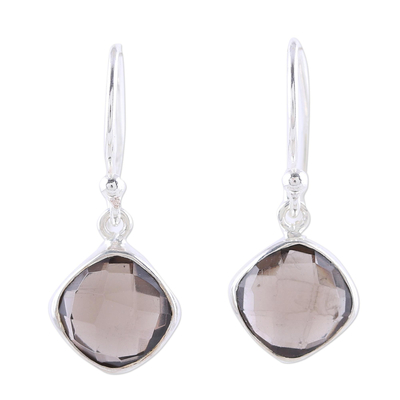 Smoky quartz dangle earrings, 'Sea Glass' - Checkerboard Cut Smoky Quartz and Silver Earrings