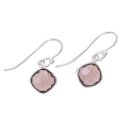 Smoky quartz dangle earrings, 'Sea Glass' - Checkerboard Cut Smoky Quartz and Silver Earrings
