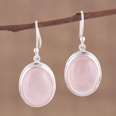Rose quartz dangle earrings, 'Rosy Sky' - Rose Quartz Cabochon Dangle Earrings from India