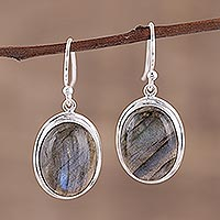 Labradorite dangle earrings, 'Darkening Sky' - Cabochon Labradorite and Silver Dangle Earrings