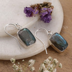 Labradorite dangle earrings, 'Darkening Mist' - 15 Carat Labradorite Earrings in Sterling Silver Bezels