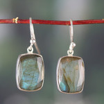 Labradorite dangle earrings, 'Darkening Mist' - 15 Carat Labradorite Earrings in Sterling Silver Bezels
