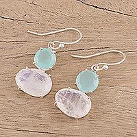 Rainbow moonstone and chalcedony dangle earrings,