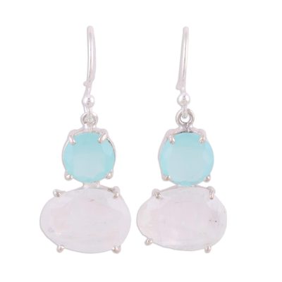 Rainbow moonstone and chalcedony dangle earrings, 'Regal Air' - Aqua Chalcedony and Rainbow Moonstone Hook Earrings