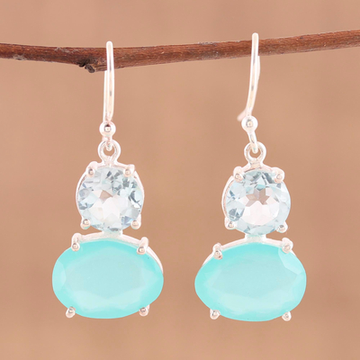 Blue topaz and chalcedony dangle earrings, 'Regal Air' - Blue Topaz and Chalcedony Prong Set Dangle Earrings