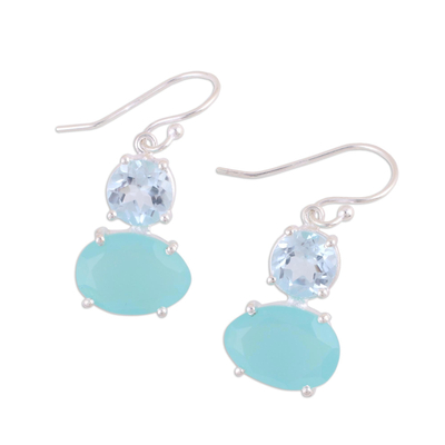 Blue topaz and chalcedony dangle earrings, 'Regal Air' - Blue Topaz and Chalcedony Prong Set Dangle Earrings