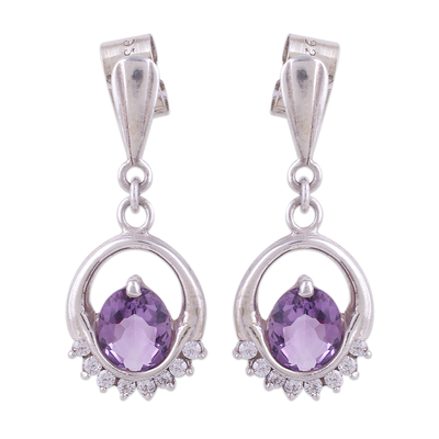 Rhodium plated amethyst and cubic zirconia dangle earrings, 'Royal Brilliance' - Rhodium Plated Dangle Earrings with Amethysts