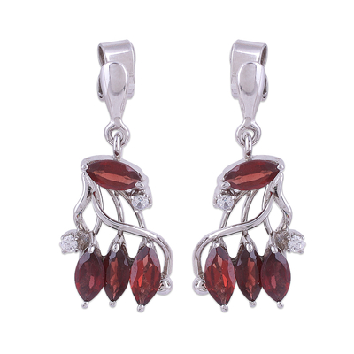 Rhodium plated garnet dangle earrings, 'Romantic Rendezvous' - Garnet Earrings in Rhodium Plated Sterling Silver with CZ