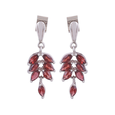 Rhodium plated garnet dangle earrings, 'On the Vine' - Garnet and Rhodium Plated Silver Dangle Earrings
