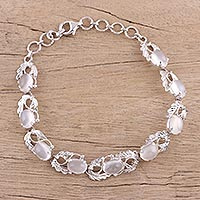 Rhodium Plated Sterling Silver Link Bracelet with Moonstone,'Mists of Eden'