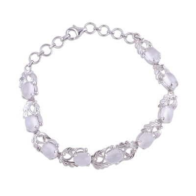 Rhodium Plated Sterling Silver Link Bracelet with Moonstone