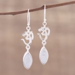 Rainbow moonstone dangle earrings, 'Natural Om' - Rainbow Moonstone and Silver Om Dangle Earrings from India