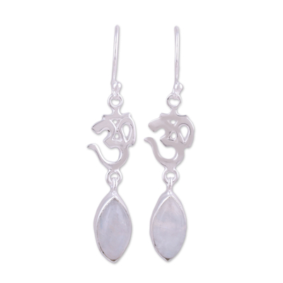Rainbow moonstone dangle earrings, 'Natural Om' - Rainbow Moonstone and Silver Om Dangle Earrings from India
