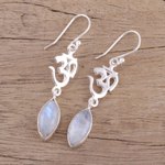 Rainbow moonstone dangle earrings, 'Natural Om' - Rainbow Moonstone and Silver Om Dangle Earrings from India