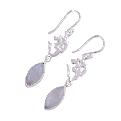 Rainbow moonstone dangle earrings, 'Natural Om' - Rainbow Moonstone and Silver Om Dangle Earrings from India