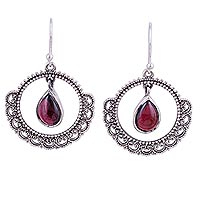 Garnet dangle earrings, 'Mughal Lace' - Cabochon Garnet Dangle Earrings in Sterling Silver